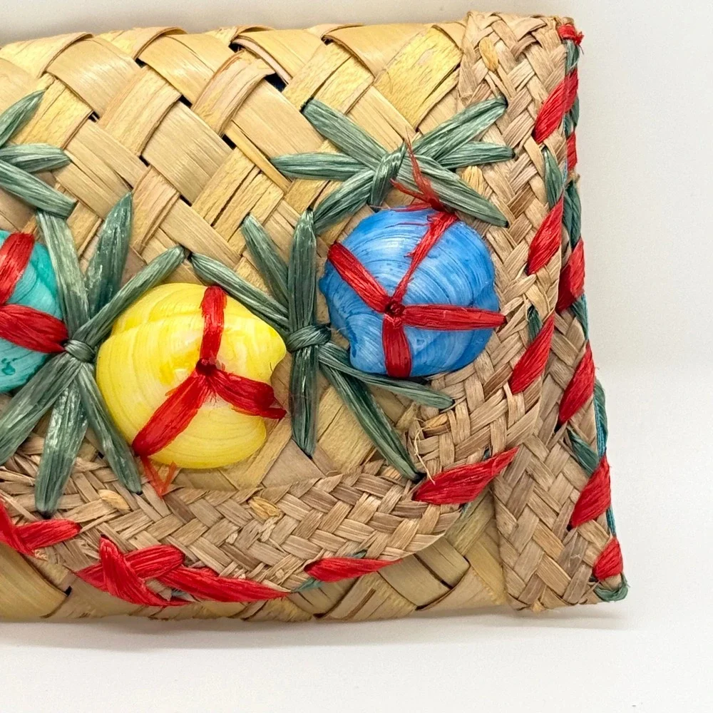 VTG Handwoven‎ Straw Raffia Shell Coin Purse Women Small Tan Multicolor Retro
